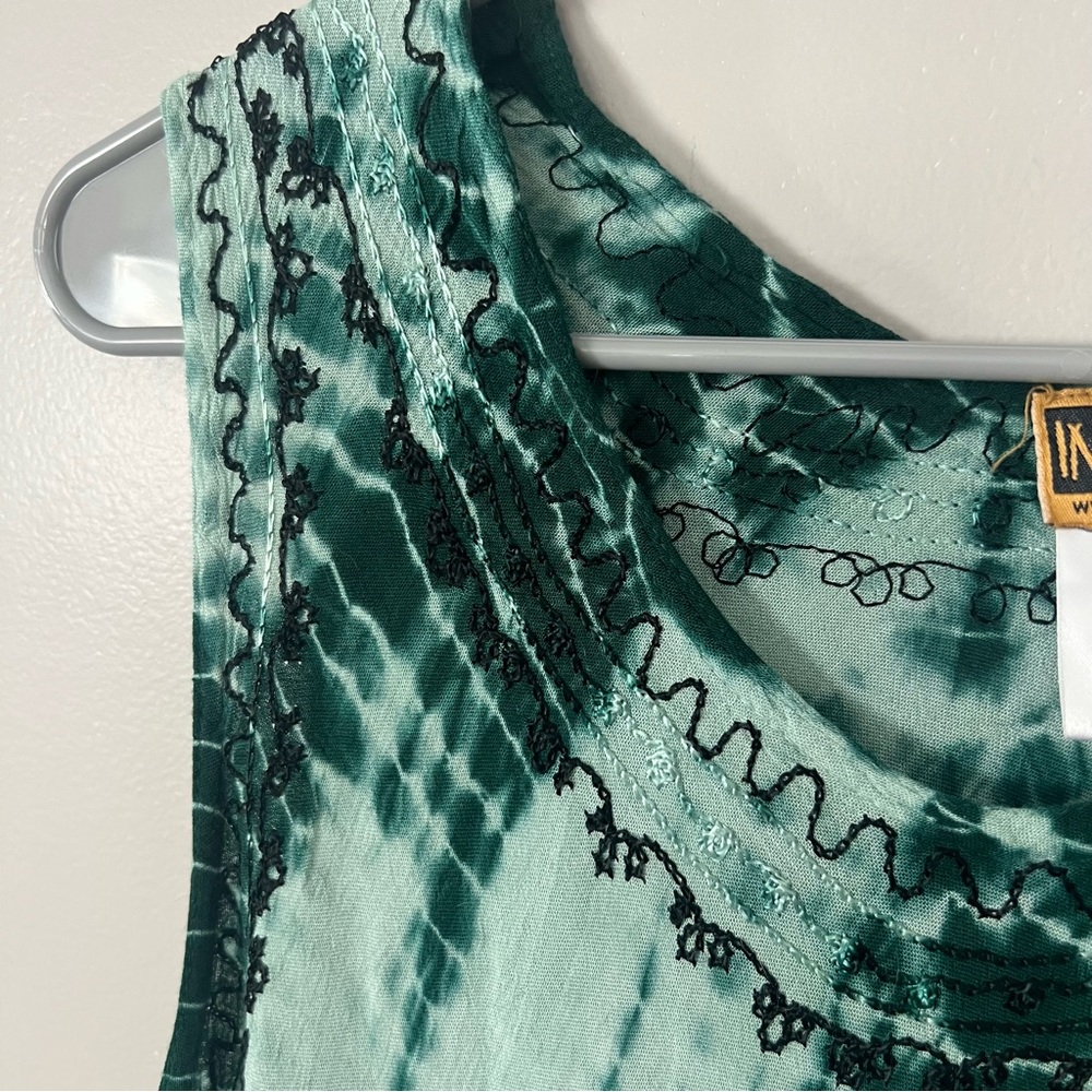 Tie Dye Green Embroidered Midi Dress Asymmetrical Hem Beach Swim Coverup Boho - Picture 7 of 12